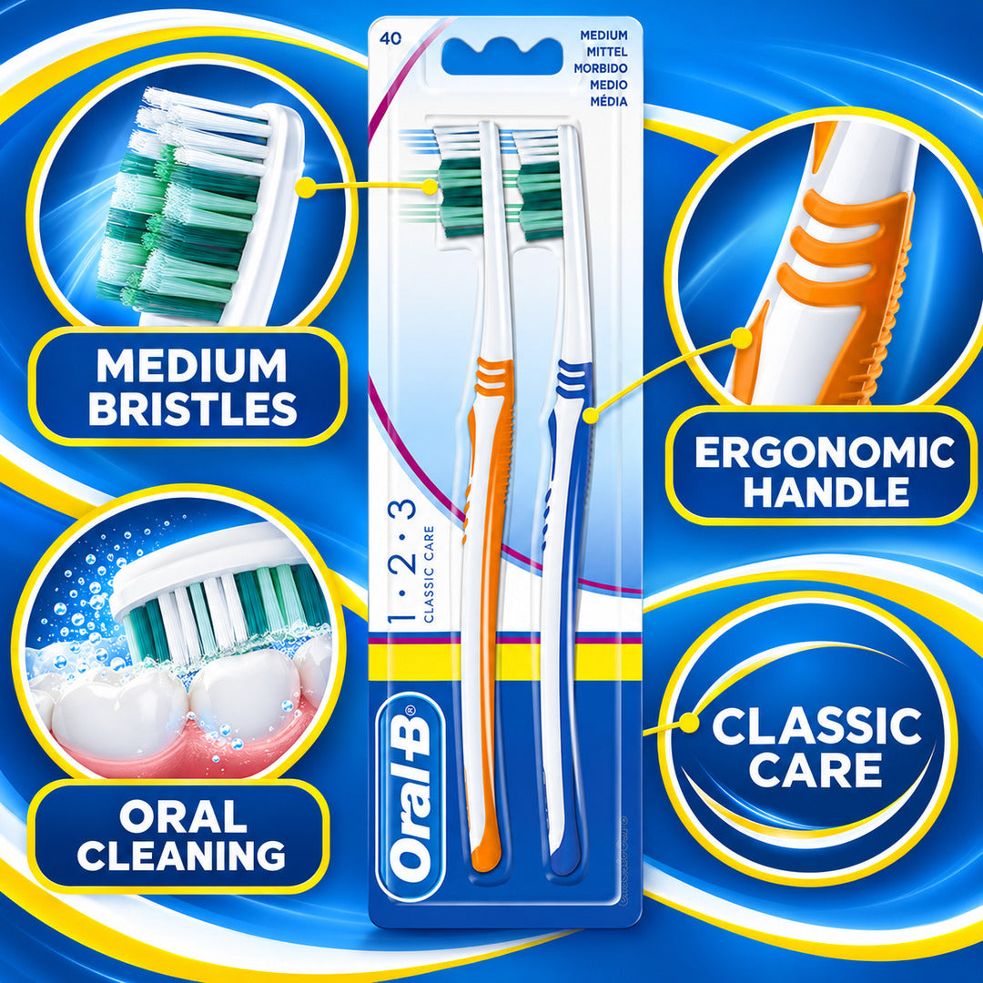 Oral -B 1-2-3 Classic Care Medium Toothbrushes - 2 Pack