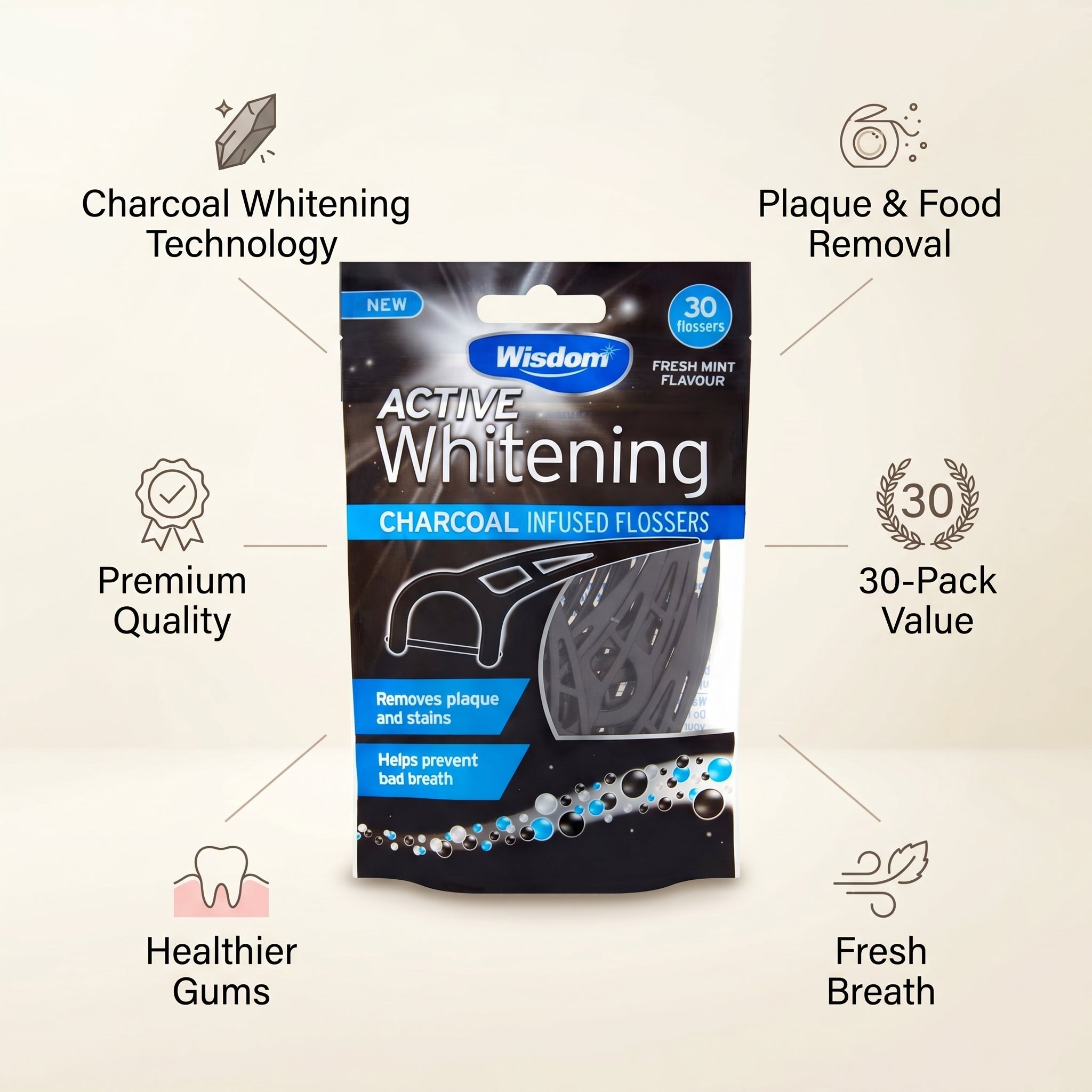Wisdom Active Whitening Charcoal Flossers 30