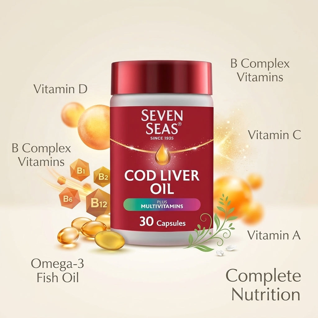 Seven Seas Cod Liver Oil Tablets, Plus Multivitamins and 110 mg Omega-3, 30 High Strength Capsules With Fish Oil, Plus Vitamin D, C, B12 & B6 and A, Folic Acid And Biotin, With EPA and DHA