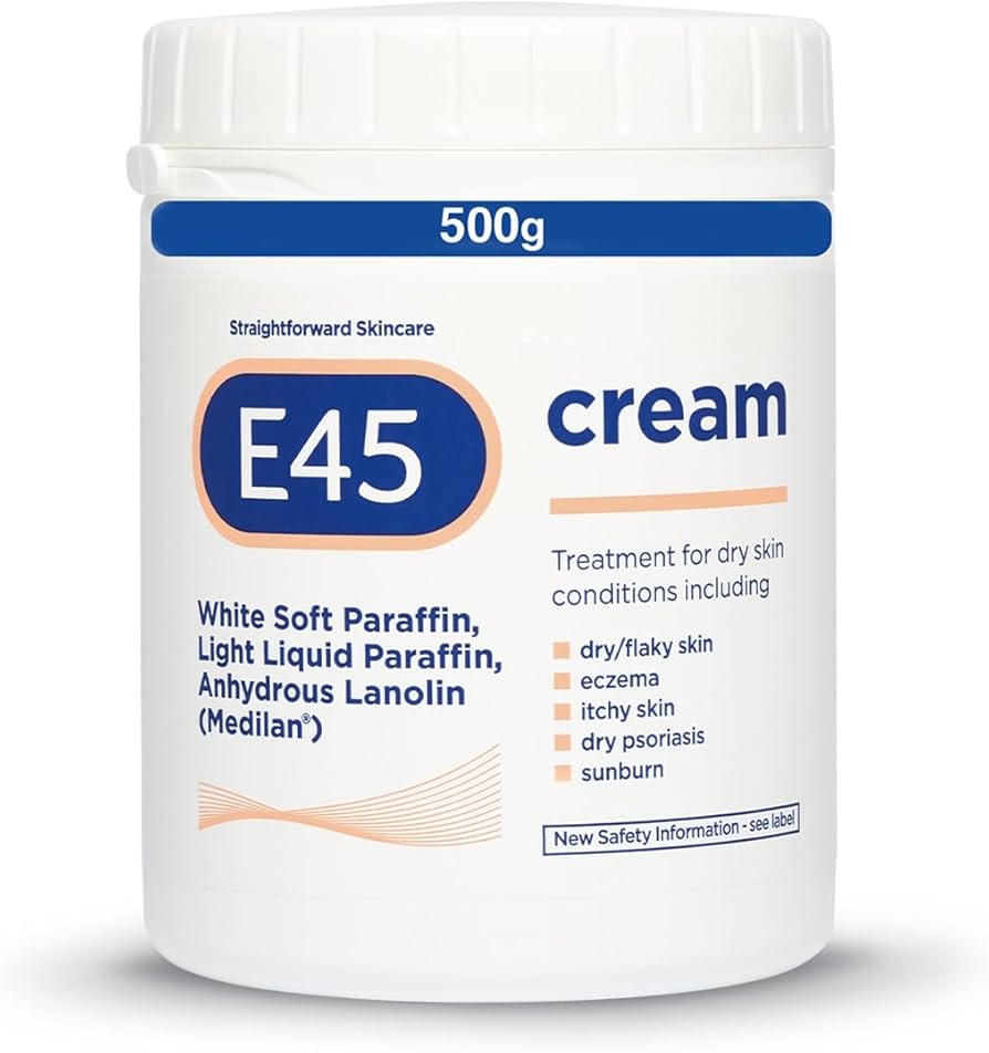 E45 Moisturiser, Body, Face And Hand Cream For Dry, Flaky Skin, Suitable For Eczema, Dry Psoriasis, Sunburn, 500g Tub
