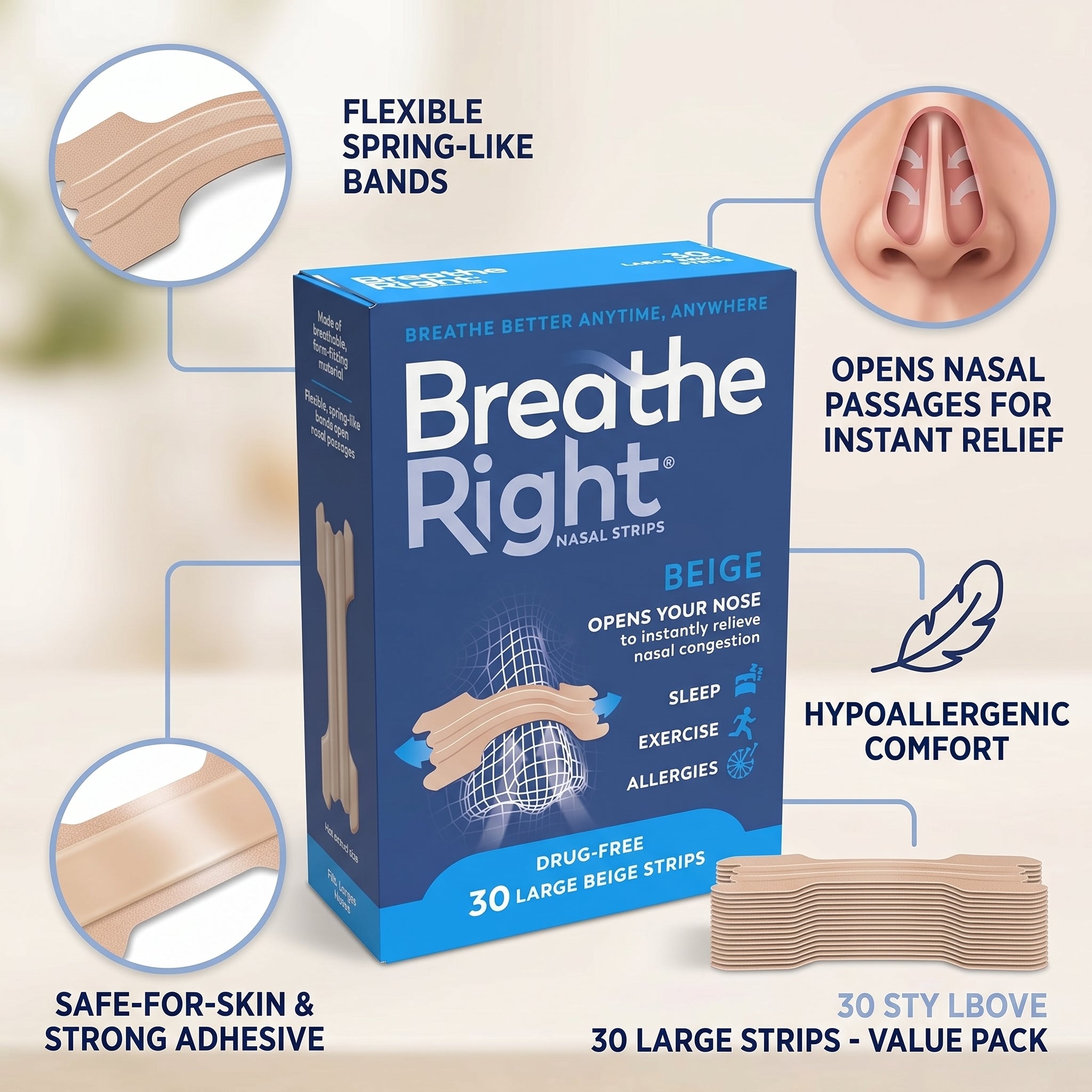 Breathe Right Original Tan, Beige Large 30 Counts