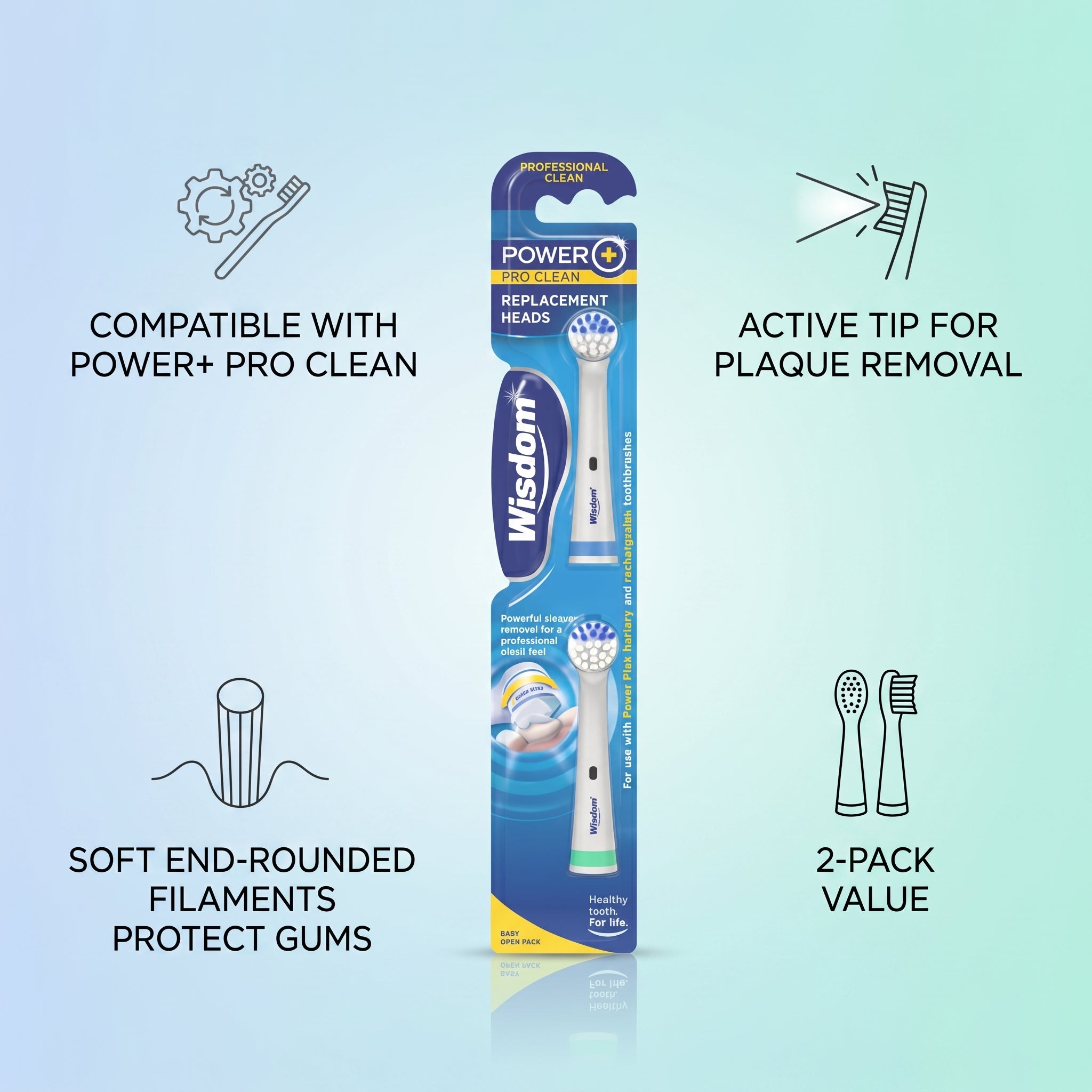 Wisdom Power Plus Electric Toothbrush Replacement Heads 2Pcs