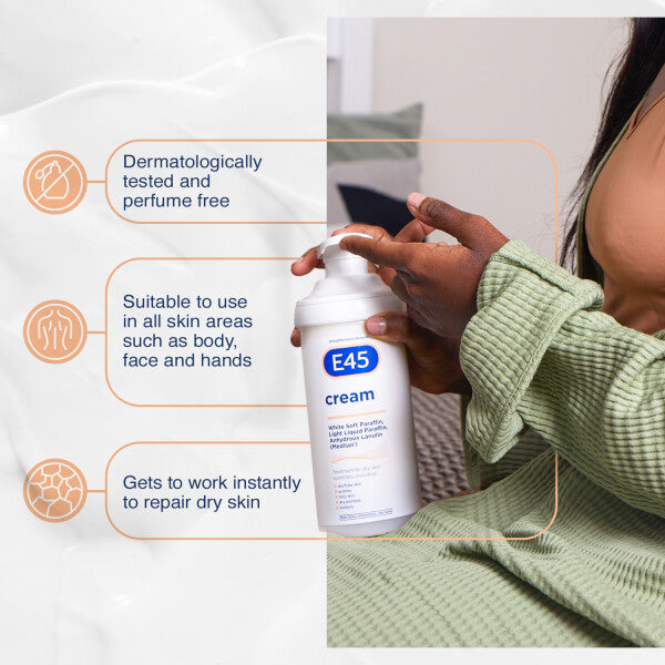 E45 Moisturising Cream 500g - Emollient Lotion for Dry, Itchy & Sensitive Skin - Soothing Eczema Relief Cream - Non-Greasy, Fast Absorbing, Dermatologically Tested Formula