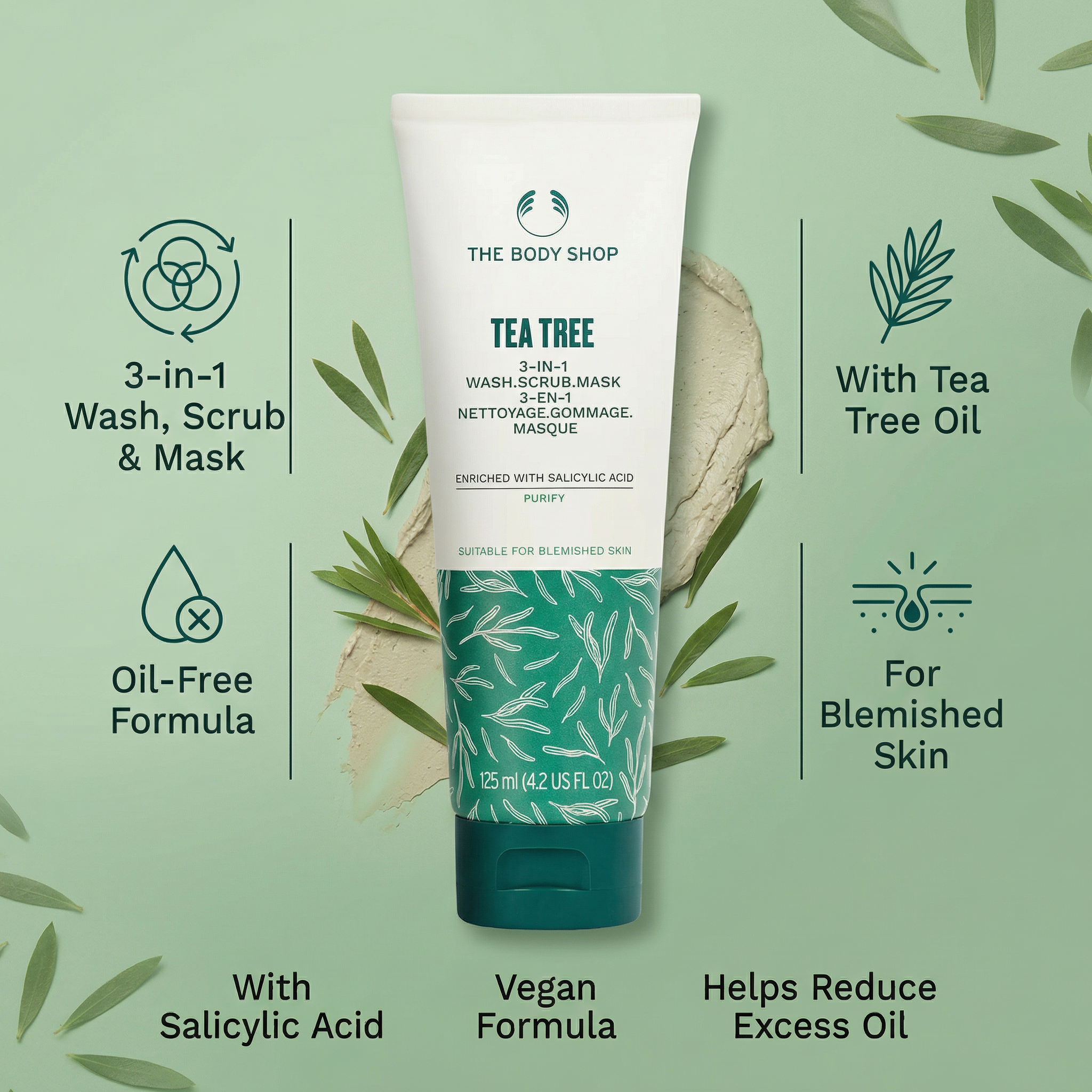 Body Shop Tea Tree 3-in-1 Wash, Scrub & Mask (125ml)