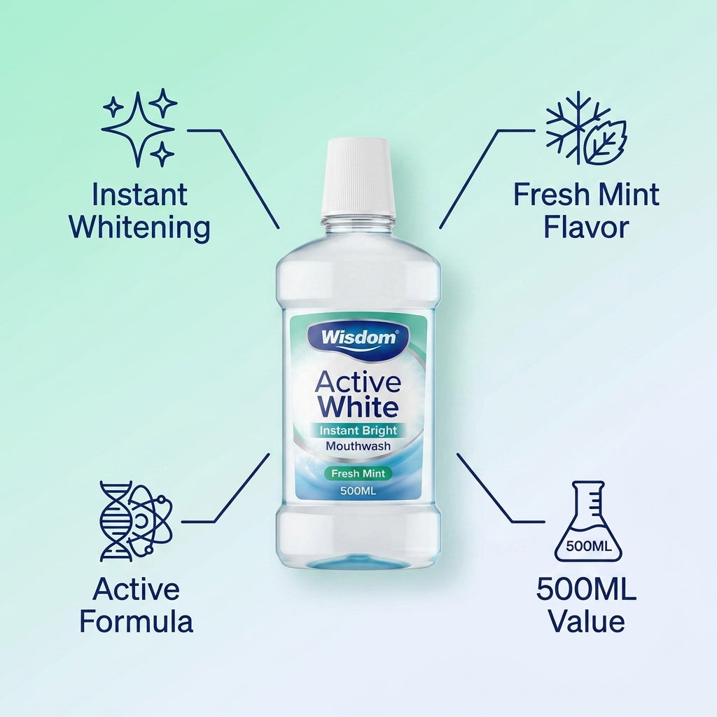 Wisdom Active White Instant Bright Mouthwash Fresh Mint 500ML