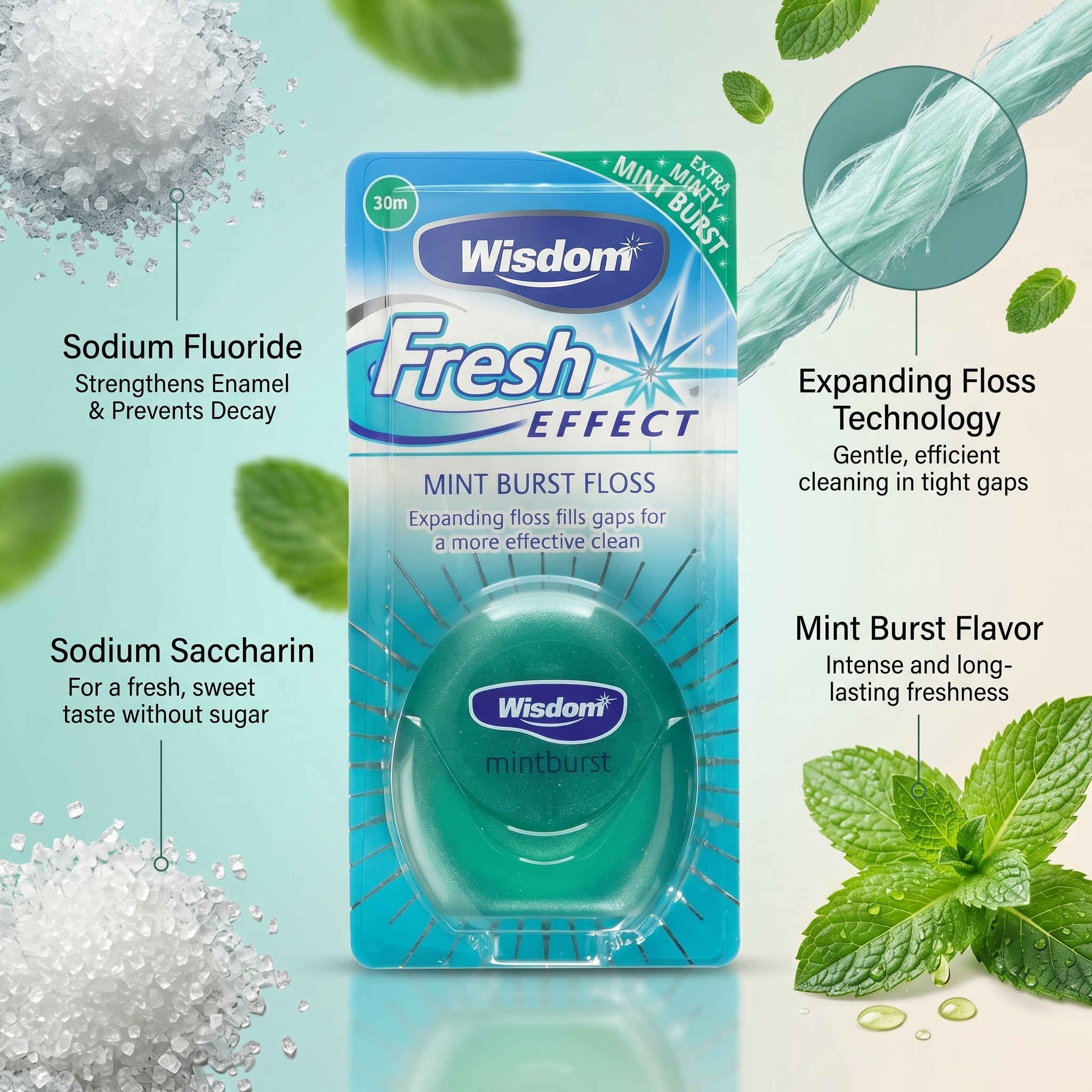 Wisdom Fresh Effect Mint Burst Expanding Floss 30m