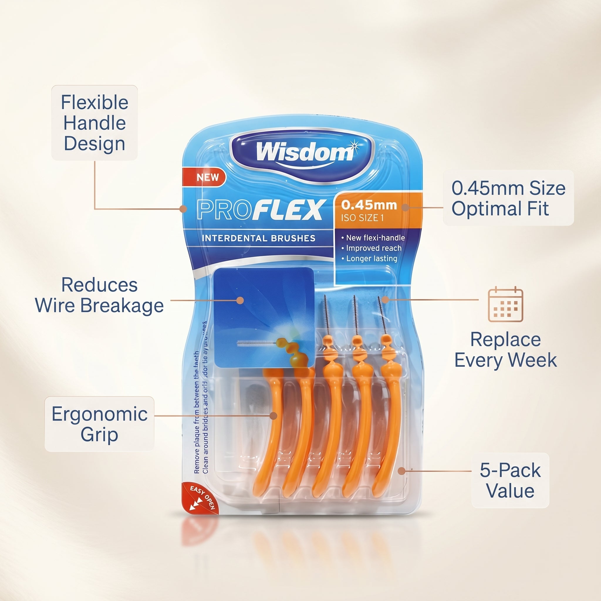 Wisdom Pro Flex Orange Interdental Brushes 0.45mm 5Pcs