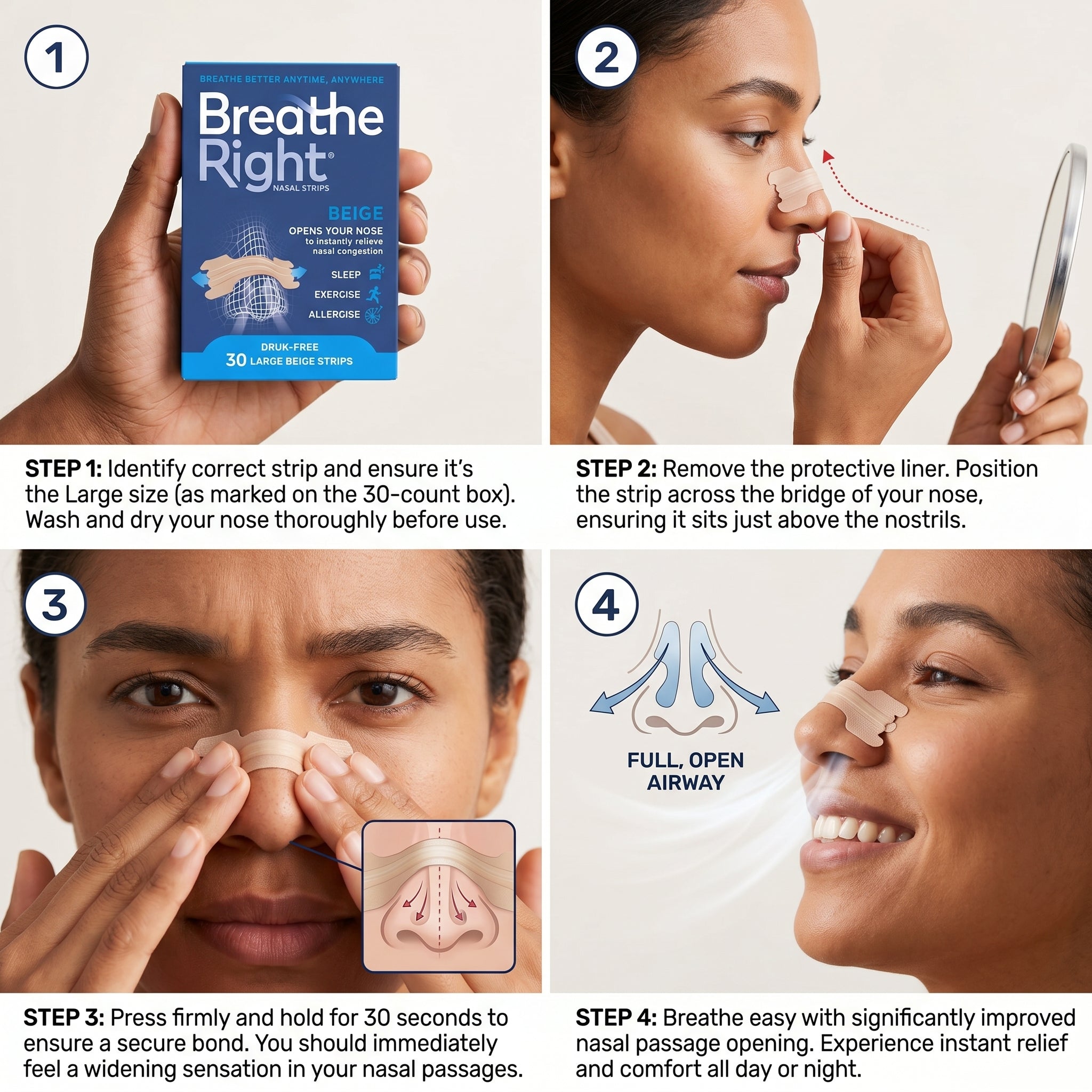 Breathe Right Original Tan, Beige Large 30 Counts