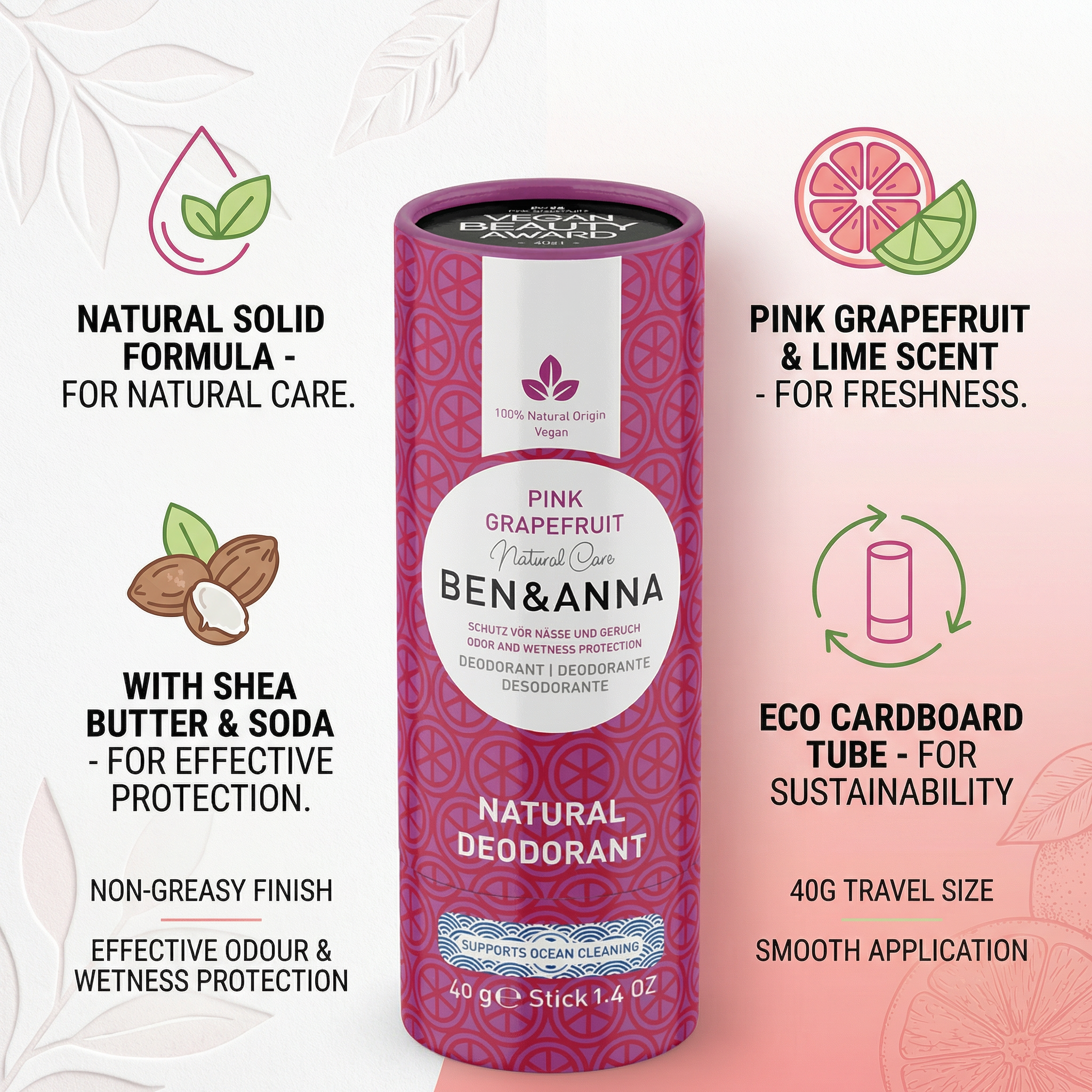 Ben & Anna Pink Grapefruit Deodorant Tube 40g