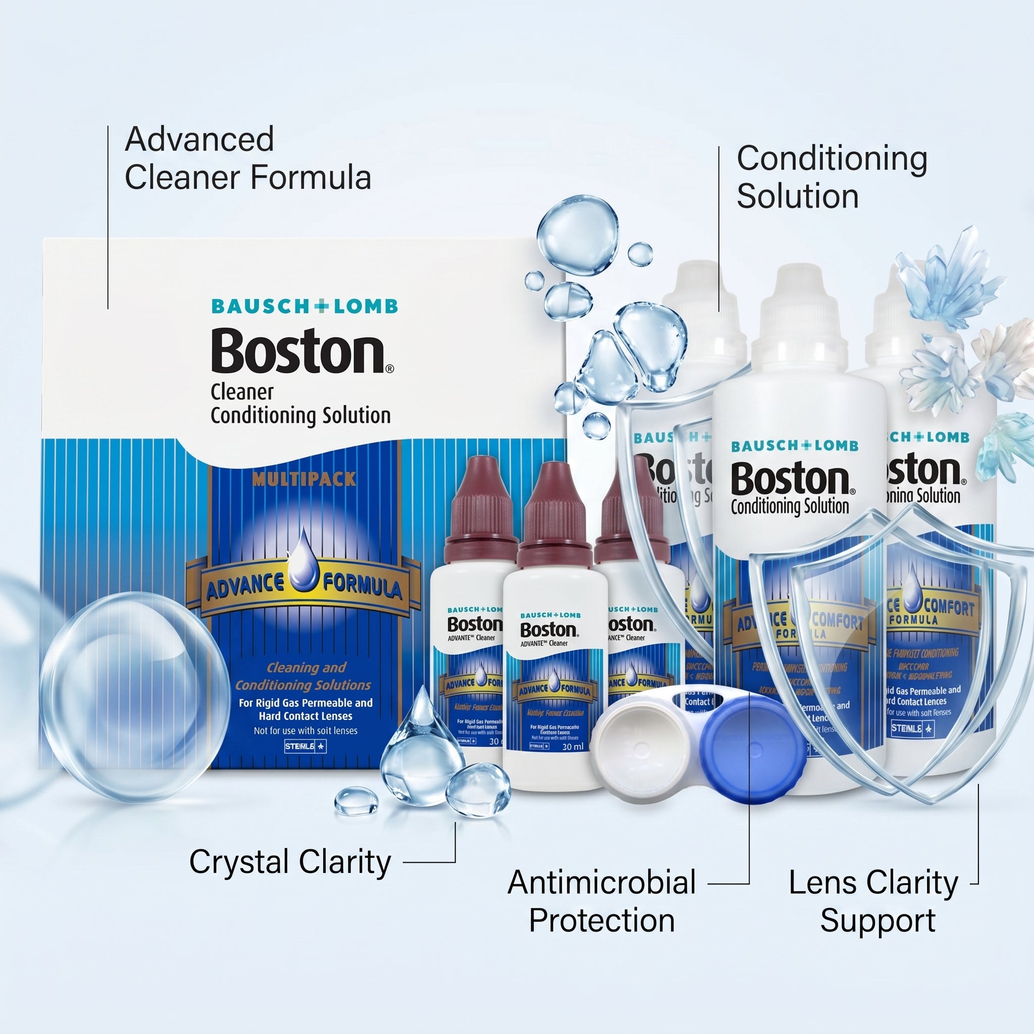 Bausch + Lomb Boston Advance Cleaner Conditioning Solution Multipack 3x30ml Advance Cleaner, 3 x 120ml Advance comfort formula conditioning solution & 1 Contact lens case