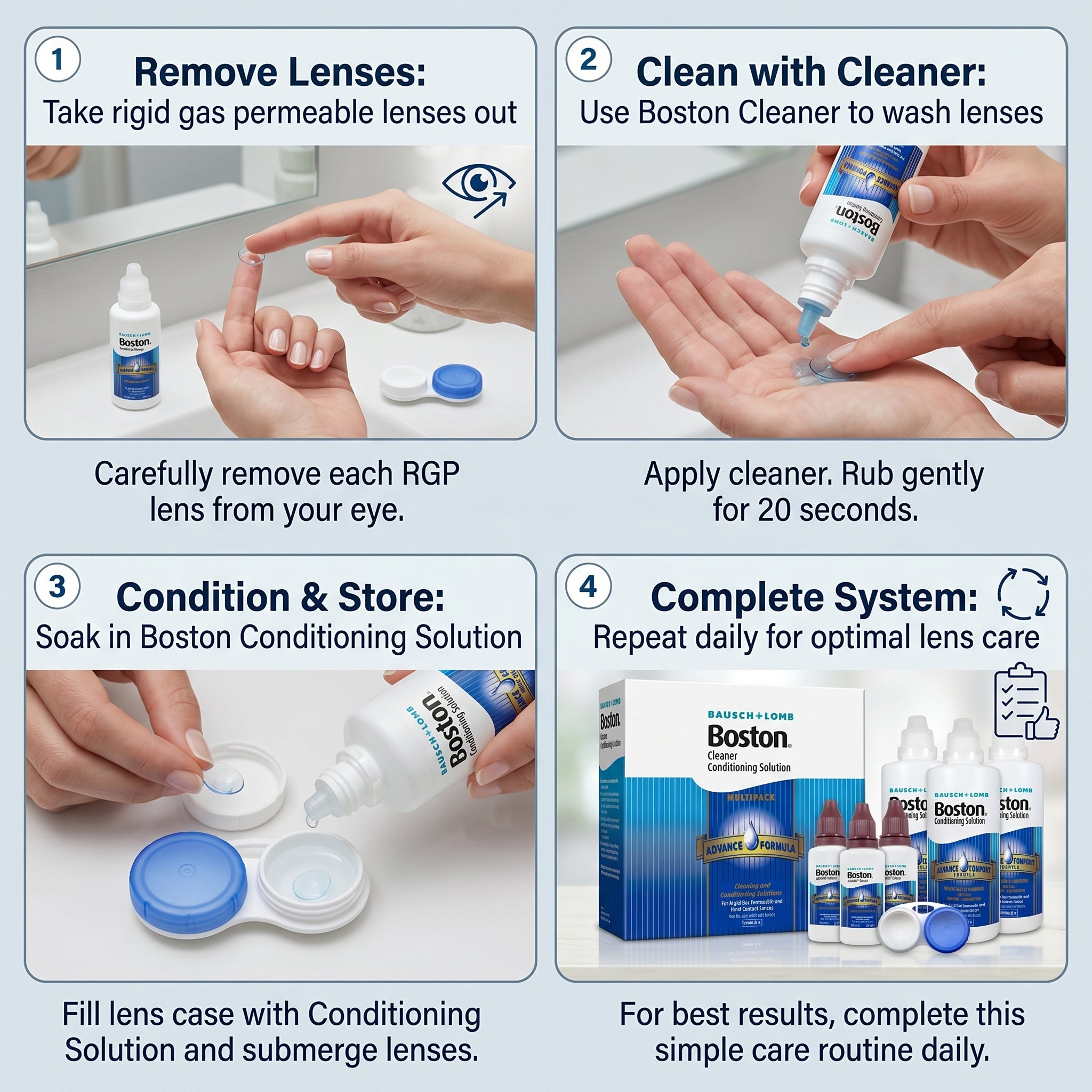 Bausch + Lomb Boston Advance Cleaner Conditioning Solution Multipack 3x30ml Advance Cleaner, 3 x 120ml Advance comfort formula conditioning solution & 1 Contact lens case