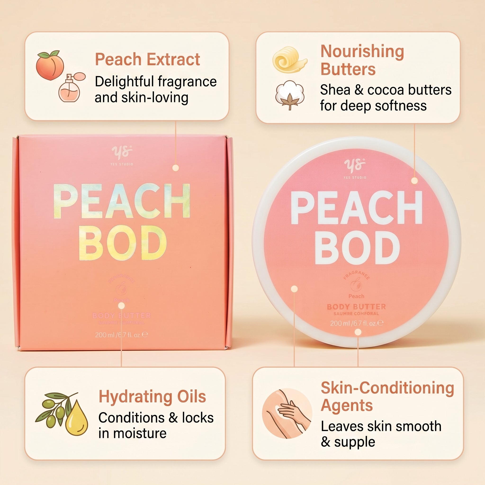 Yes Studio Peach Bod Body Butter 200ml