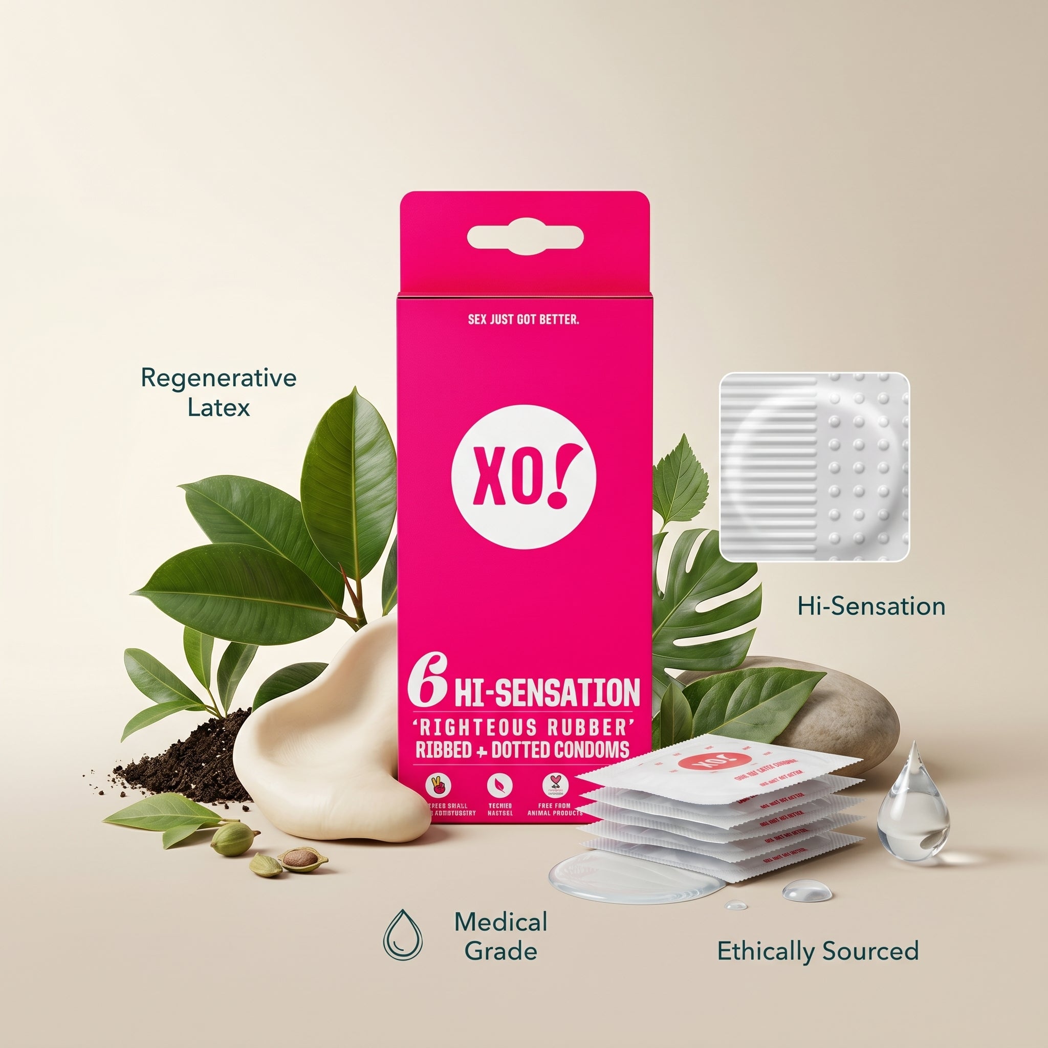 Here We Flo XO! Hi-Sensation Vegan Condoms 6 Ribbed + Dotted Condomes