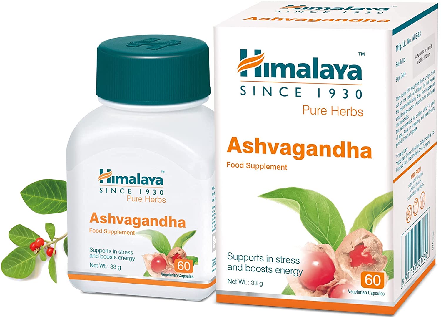 Himalaya Herbals Pure Herbs Ashvagandha Herbal Food Supplement 60 Vegetarian Capsules
