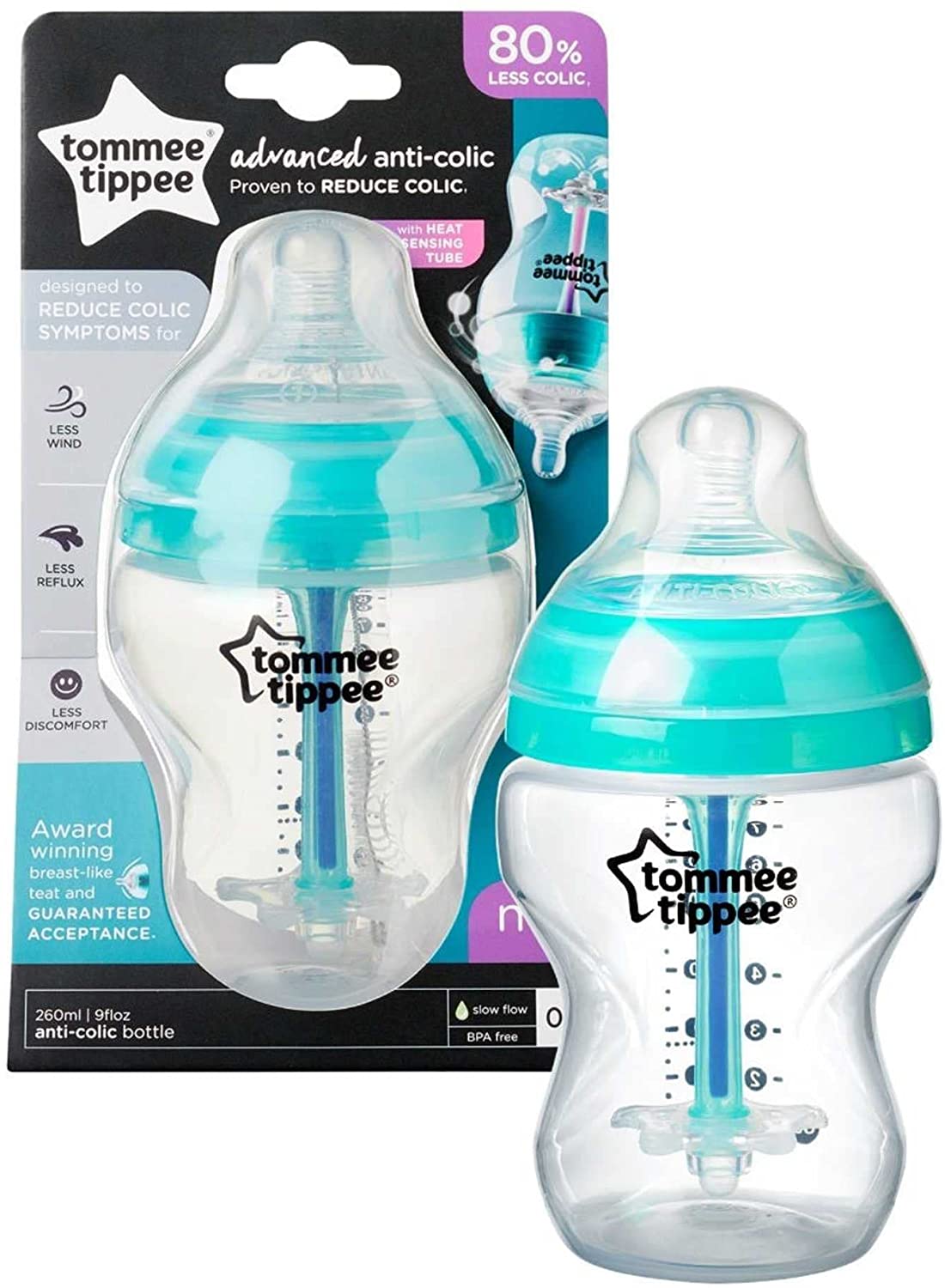 Tommee Tippee Anti-Colic Baby Bottle Slow Flow Breast-Like Teat and Unique Anti-Colic Venting System 260ml