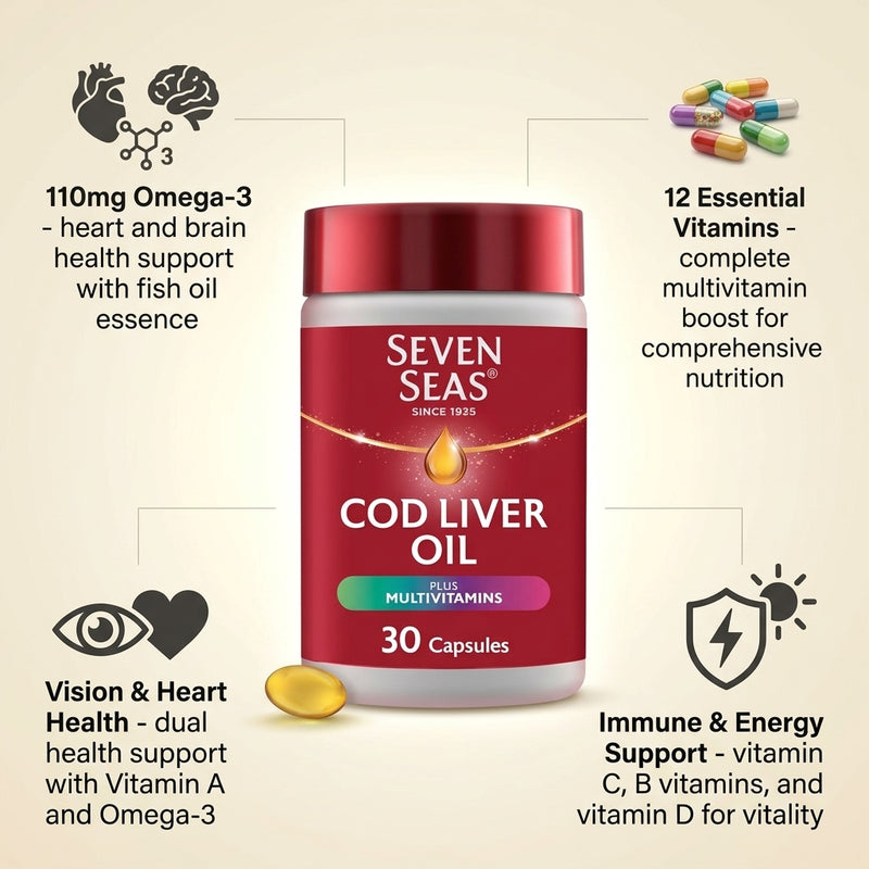 Seven Seas Cod Liver Oil Tablets, Plus Multivitamins and 110 mg Omega-3, 30 High Strength Capsules With Fish Oil, Plus Vitamin D, C, B12 & B6 and A, Folic Acid And Biotin, With EPA and DHA