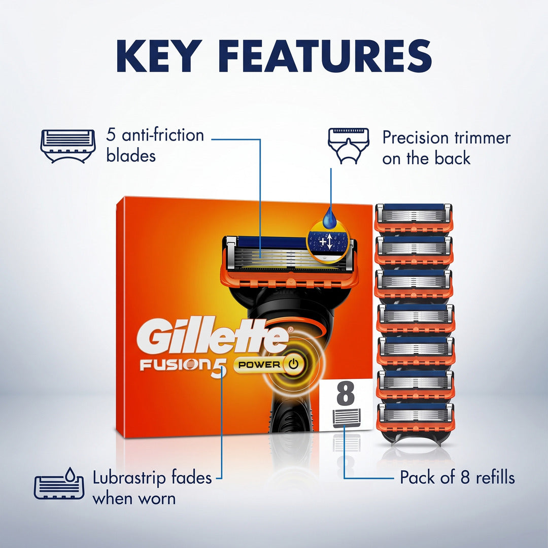 Gillette Fusion5 XL Power Razor Blades Men, Pack of 8 Razor Blade Refills with Precision Trimmer, 5 Anti-Friction Blades