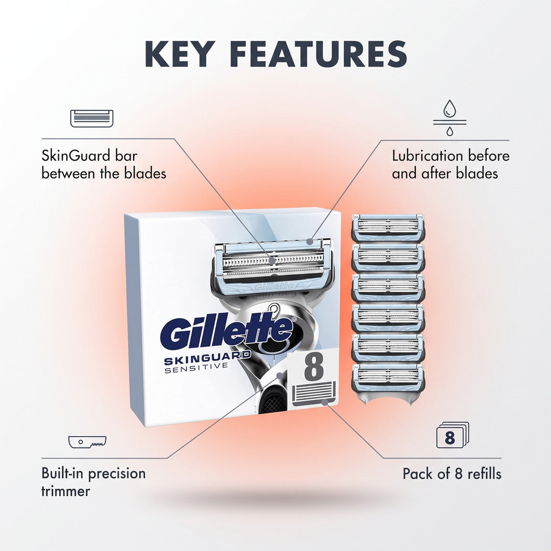 Gillette SkinGuard Sensitive Razor Blades Men, Pack of 8 Razor Blade Refills with Precision Trimmer, Fits All Skinguard ProGlide ProShield and Fusion5 Gillette Razors for Men Handles