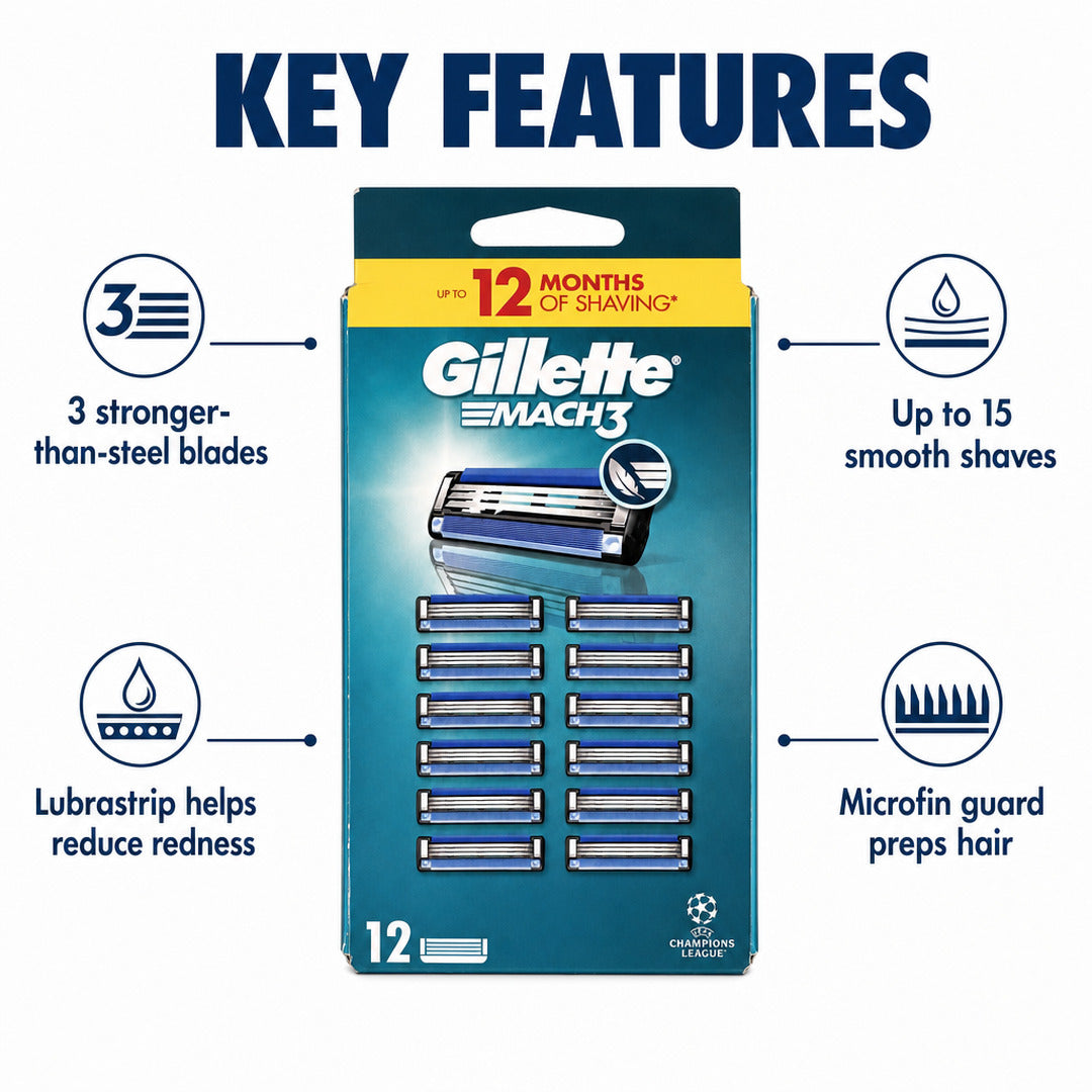 Gillette UEFA Champions League Special Edition Mach3 Razor for Men, 3-Bladed Razor, 1 Gillette Razor, 12 Razor Blade Refills, with Stainless Steel Handle