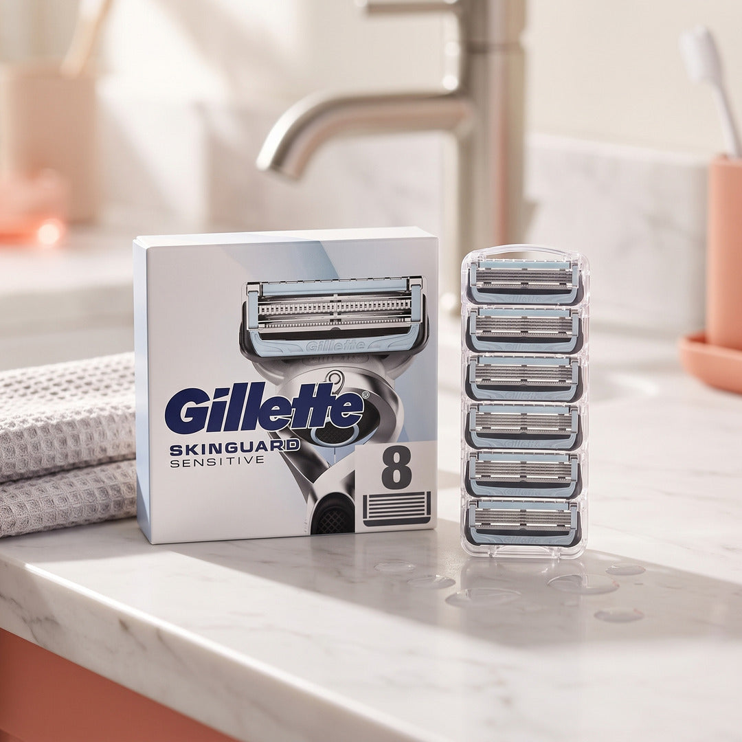 Gillette SkinGuard Sensitive Razor Blades Men, Pack of 8 Razor Blade Refills with Precision Trimmer, Fits All Skinguard ProGlide ProShield and Fusion5 Gillette Razors for Men Handles