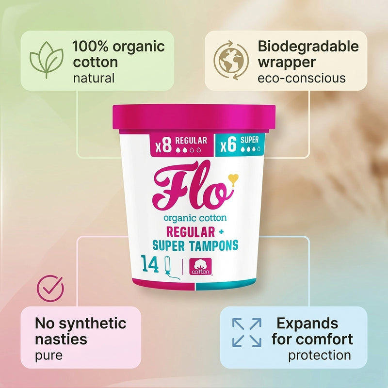 Flo Organic Cotton Non-Applicator Tampons 8 Regular + 8 Super