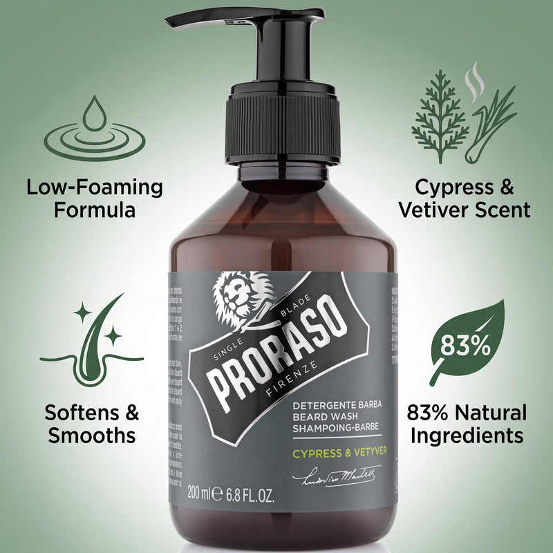 Proraso Cypress & Vetiver Beard Wash 200 Ml Beard Shampoo With Cypress And Vetiver Scent