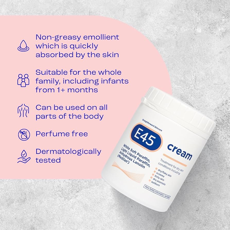 E45 Moisturiser, Body, Face And Hand Cream For Dry, Flaky Skin, Suitable For Eczema, Dry Psoriasis, Sunburn, 500g Tub