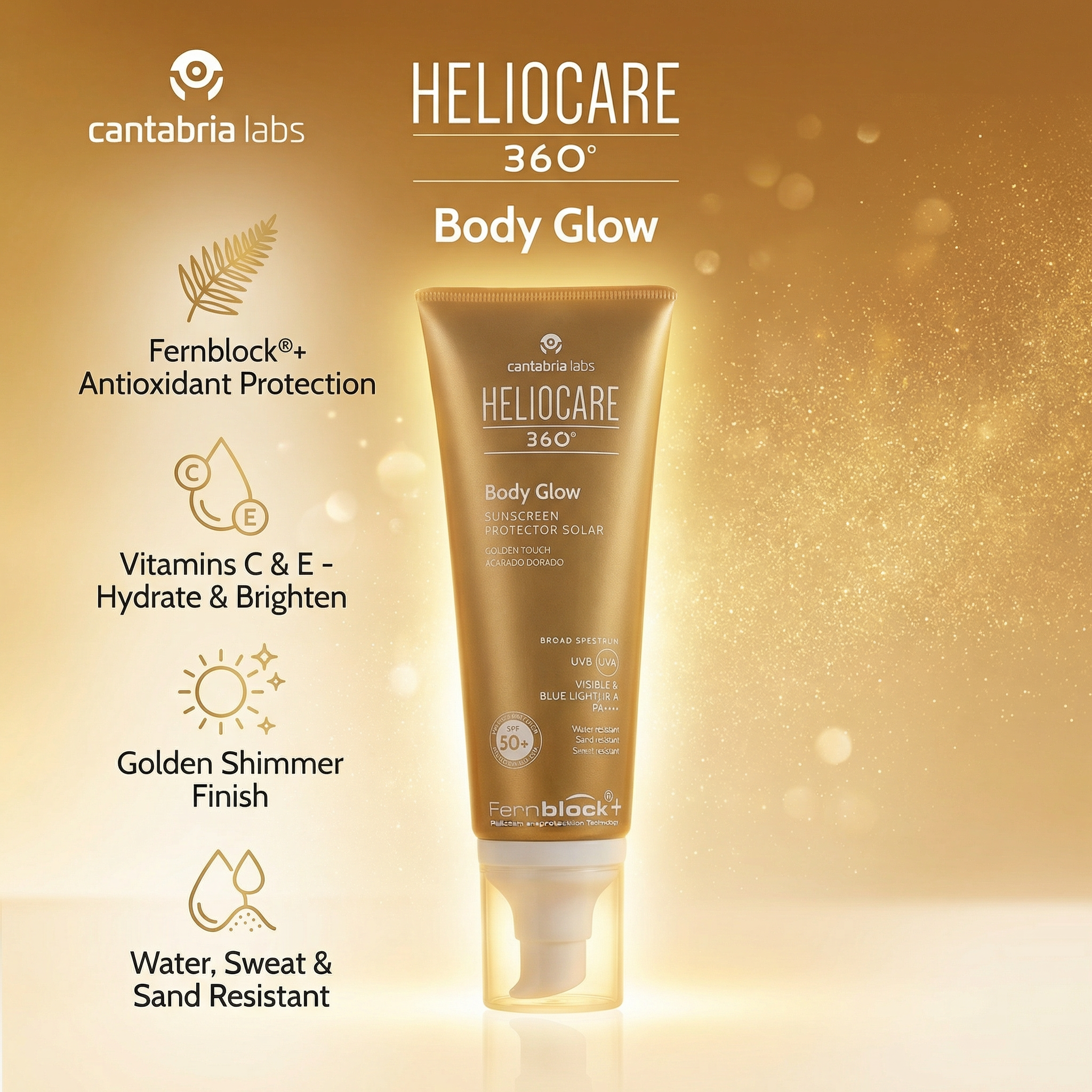 Heliocare 360 Body glow sunscreen protector solar golden touch SPF 50+ PA ++++ 100ml