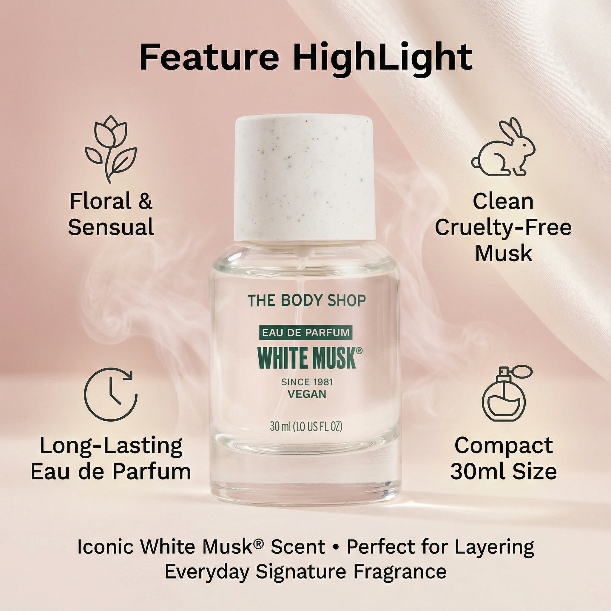 The Body Shop White Musk Eau de Parfum (1x 30ml), Fresh Floral Fragrance with Jasmine & Cruelty-Free Musk