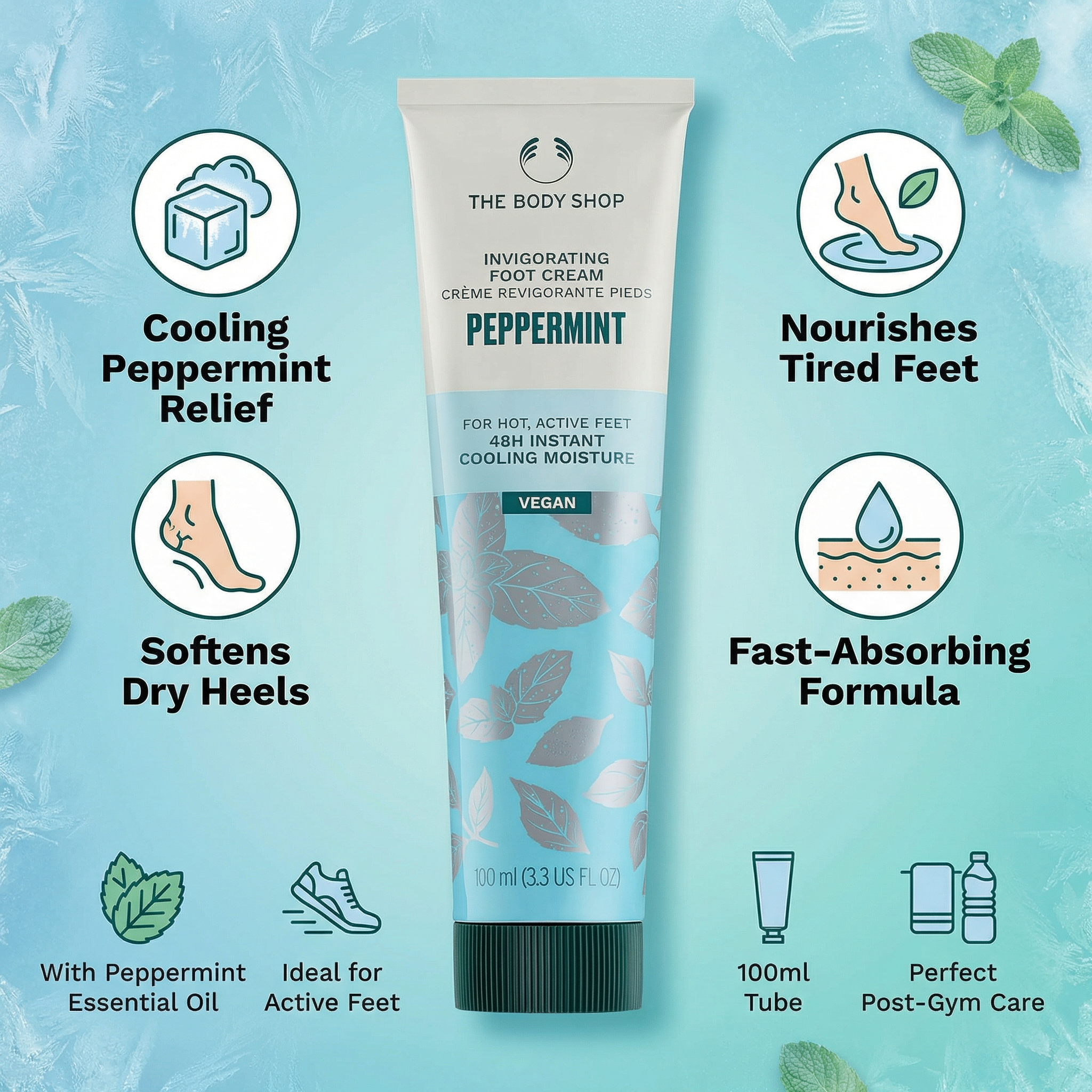 The Body Shop Peppermint Invigorating Foot Cream (1x 100ml), Cooling Foot Cream