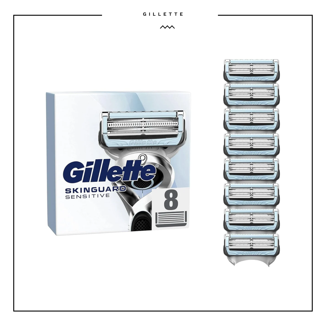 Gillette SkinGuard Sensitive Razor Blades Men, Pack of 8 Razor Blade Refills with Precision Trimmer, Fits All Skinguard ProGlide ProShield and Fusion5 Gillette Razors for Men Handles