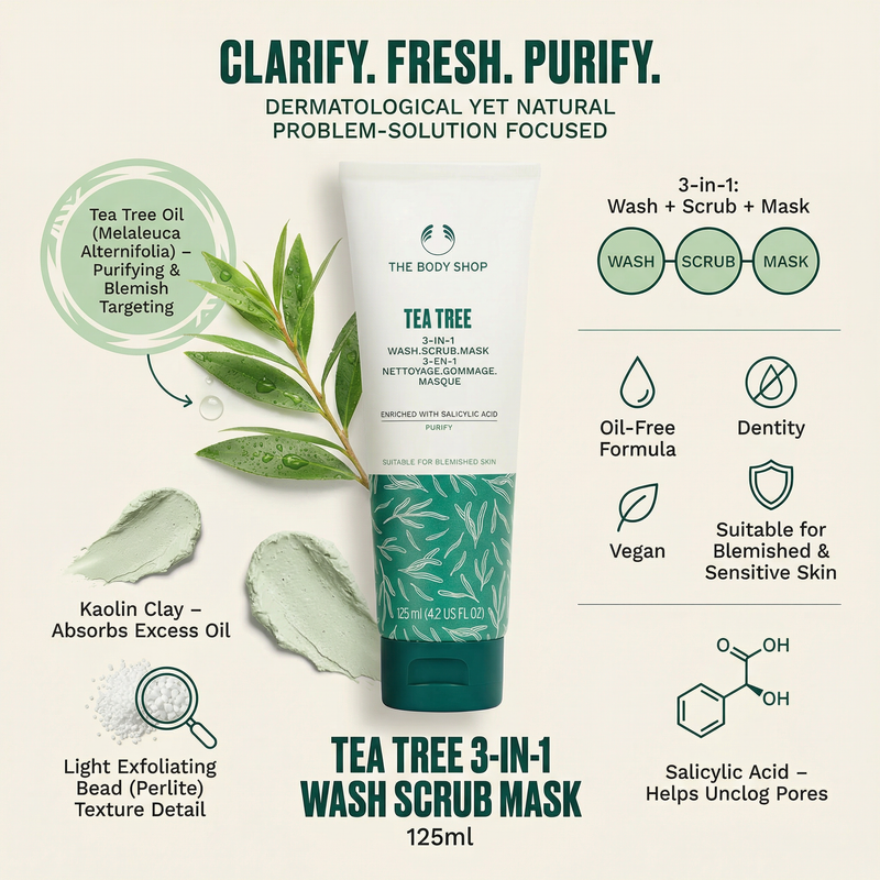 Body Shop Tea Tree 3-in-1 Wash, Scrub & Mask (125ml)