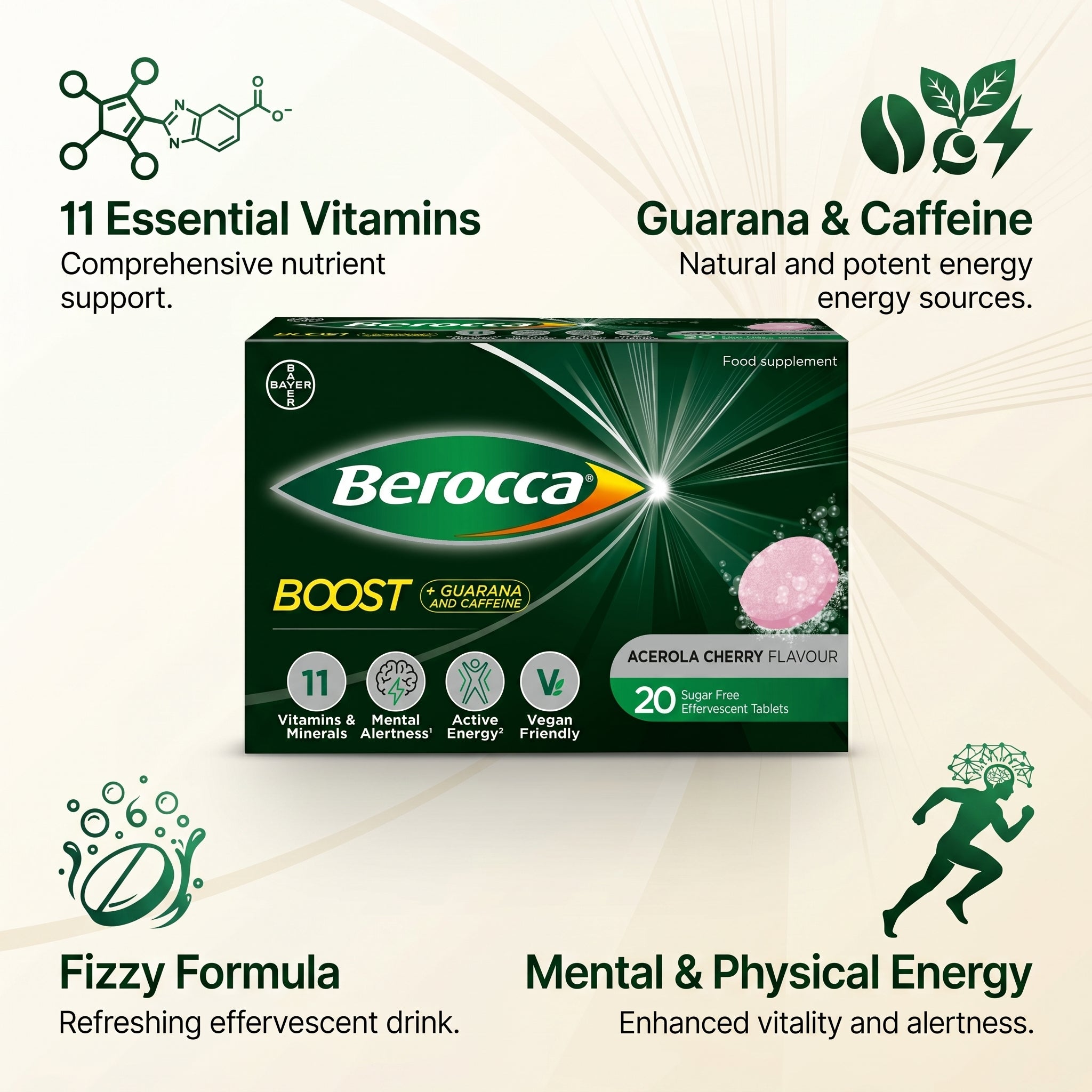 Berocca Boost + Guarana and Caffeine 20SF Tablets Acerola Cherry