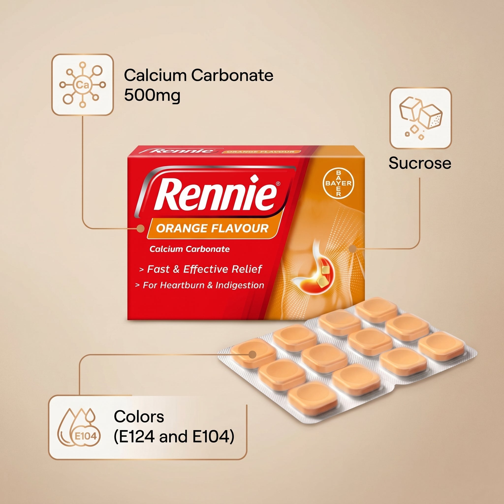 Rennie Orange Heartburn & Indigestion Tablets 500mg 36 Chewable Tablets