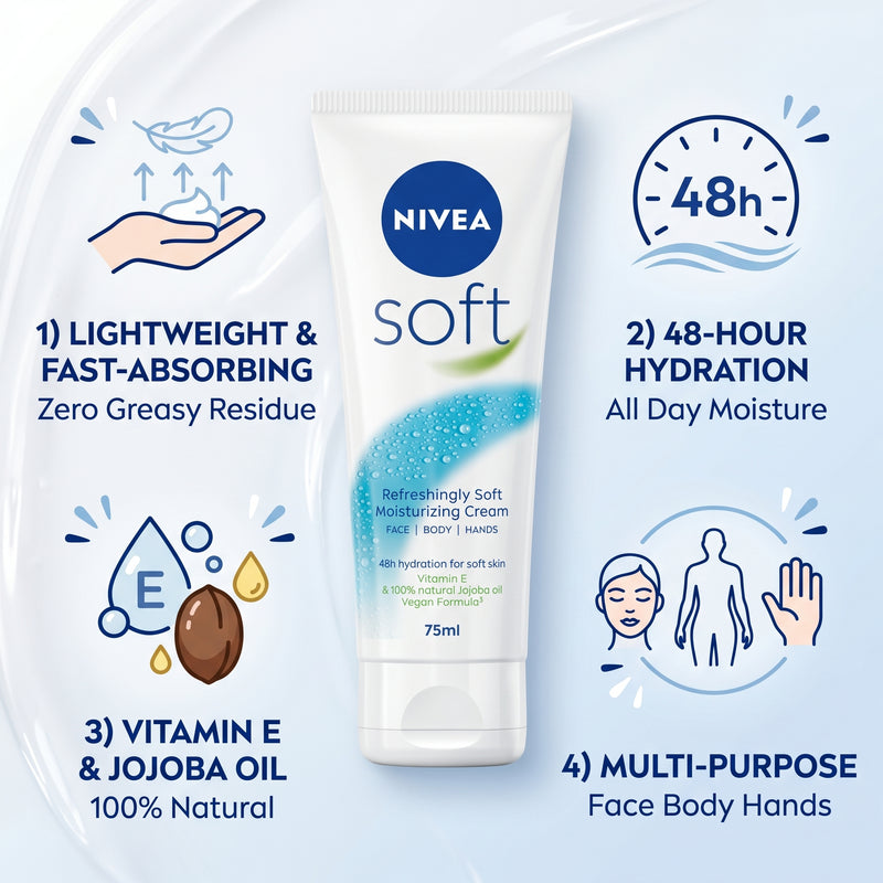 NIVEA Soft Moisturiser Face Body & Hands 75ML