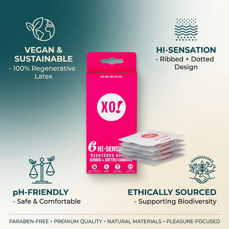 Here We Flo XO! Hi-Sensation Vegan Condoms 6 Ribbed + Dotted Condomes