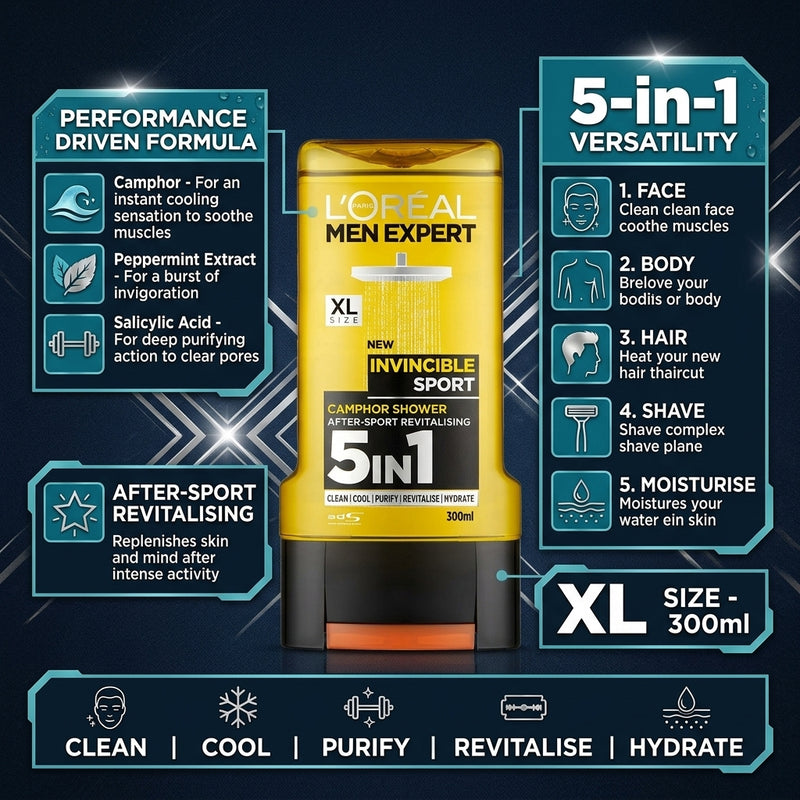 L'Oreal Men Expert Invincible Sport After Sport Shower Gel 5 in 1 300ml