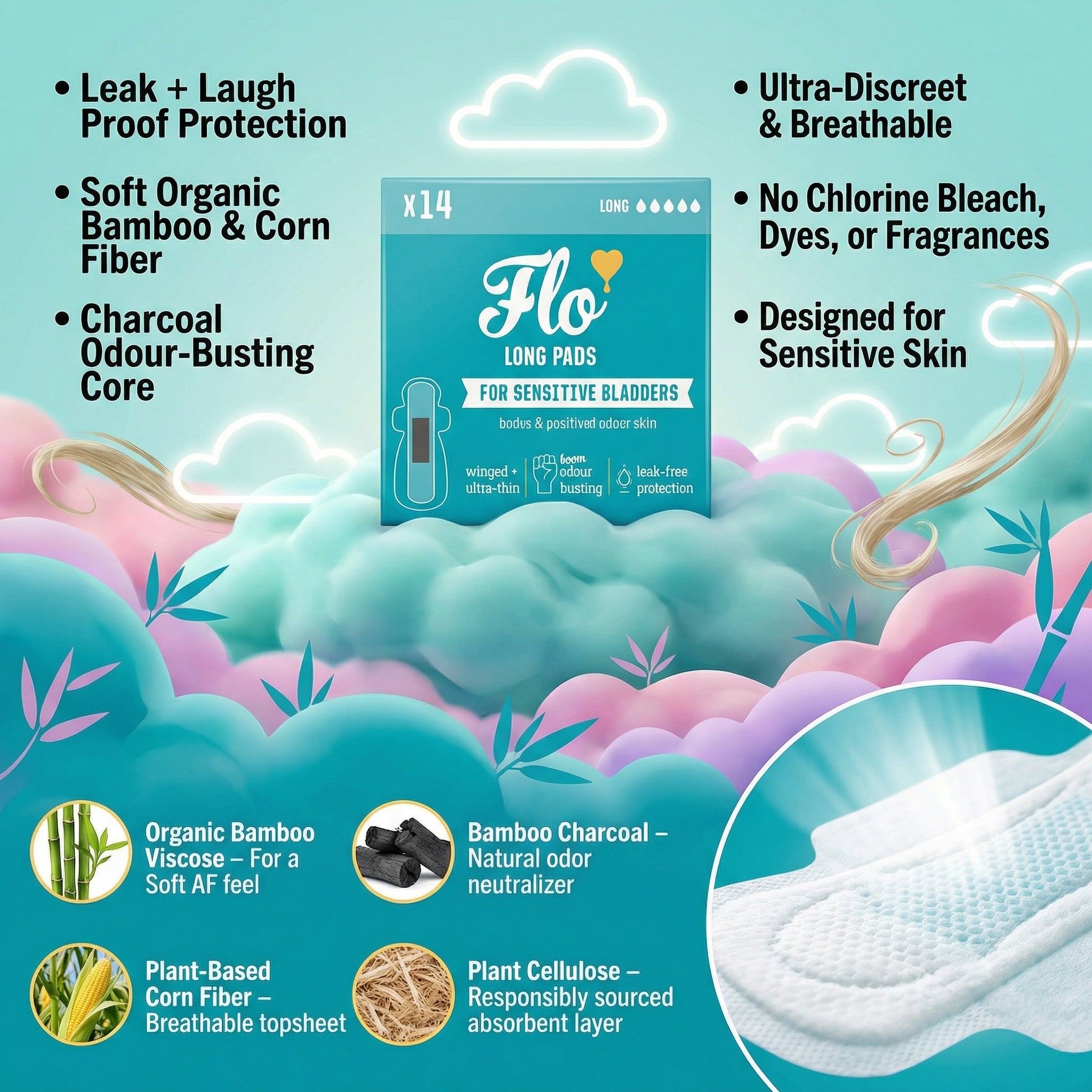 Flo Bamboo Sensitive Bladder Pads - Long, Here We Flo 14 pcs Ultra-Thin