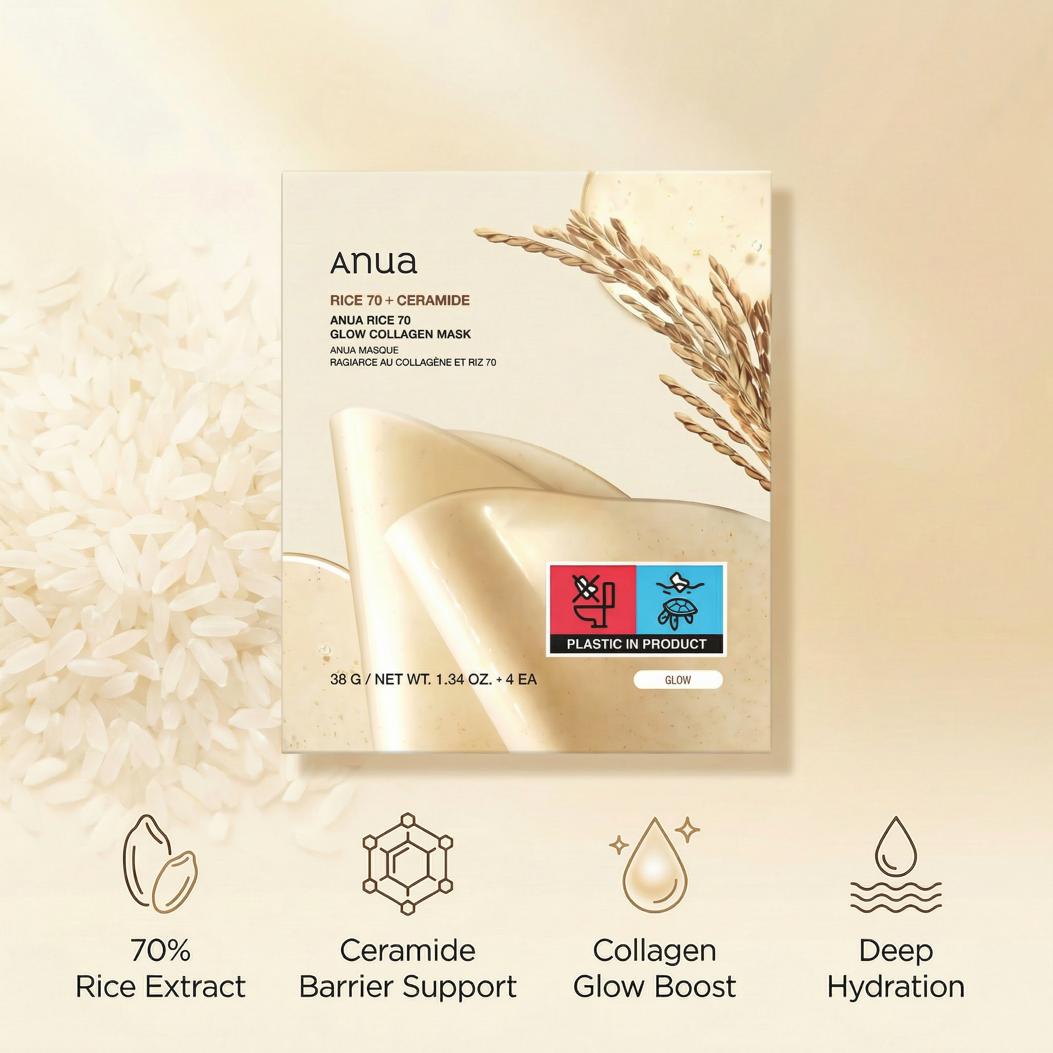 Anua Rice 70 Glow Collagen Mask 4 Pack