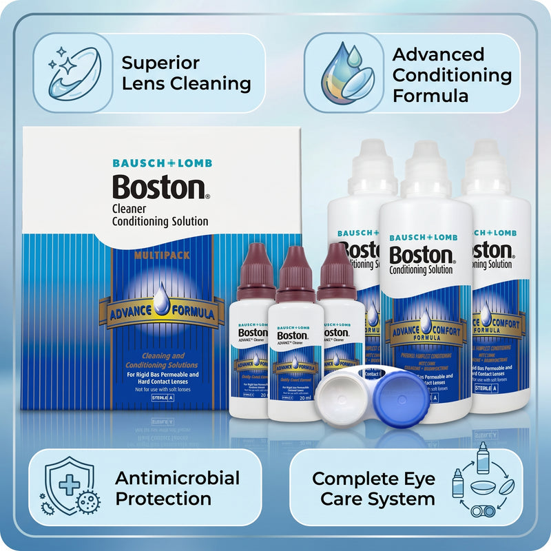 Bausch + Lomb Boston Advance Cleaner Conditioning Solution Multipack 3x30ml Advance Cleaner, 3 x 120ml Advance comfort formula conditioning solution & 1 Contact lens case