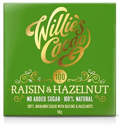Willies Cacao Raisin & Hazelnut 100% Bar 50g x 12