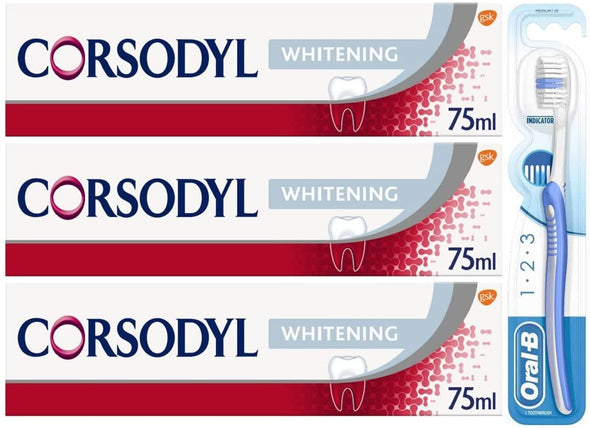 Corsodyl Whitening Daily Gum Care Fluoride Toothpaste 3 X 75 ml + Manual Oral-B 123 Indicator 35 Medium Toothbrush