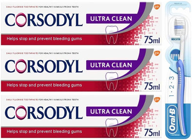 Corsodyl Ultra Clean Daily Fluoride Toothpaste 3 X 75 ml + with Manual Oral-B 123 Indicator 35 Medium Toothbrush